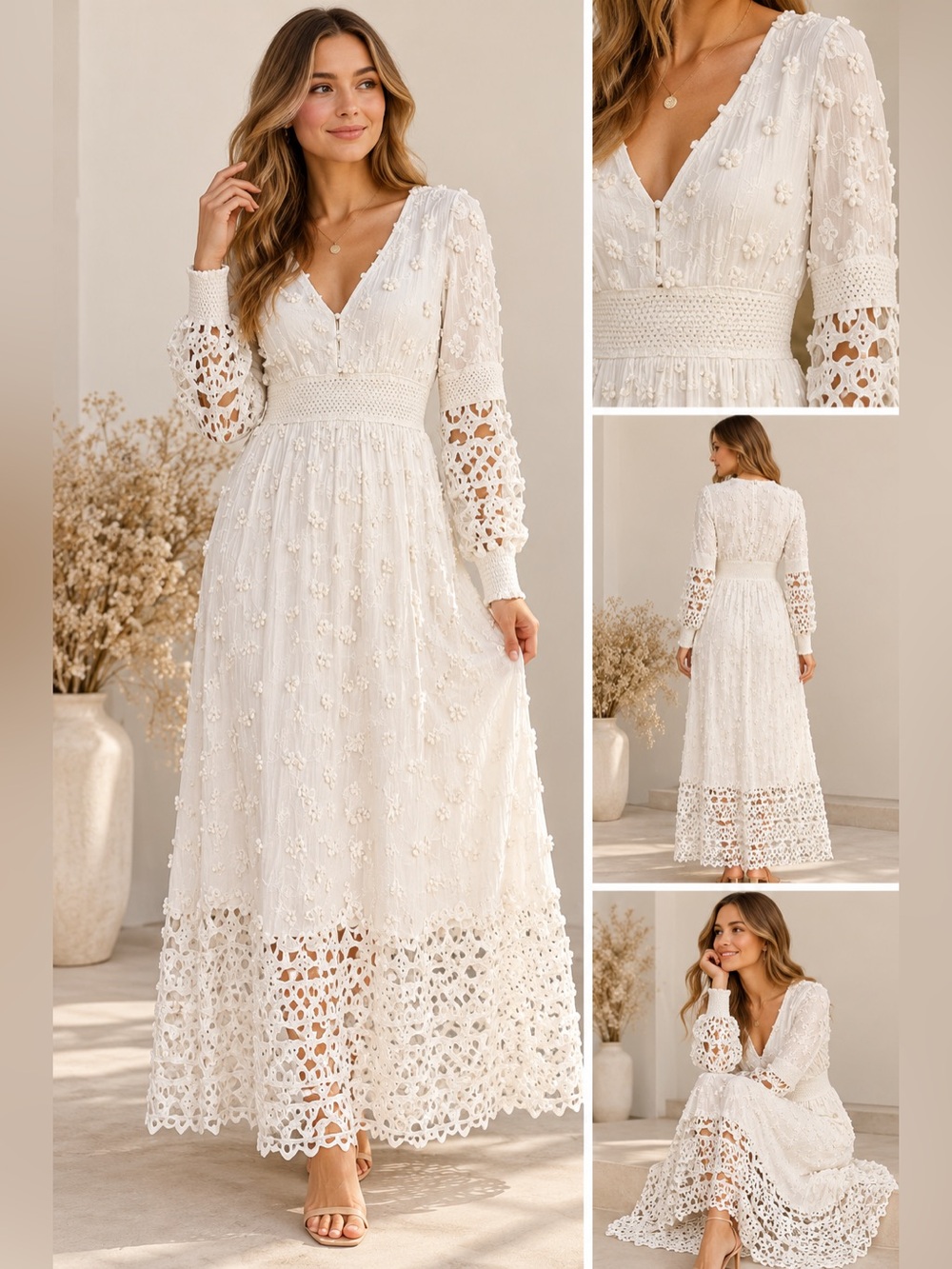 Boston Proper Ivory Crochet Maxi Dress with Floral Appliqué